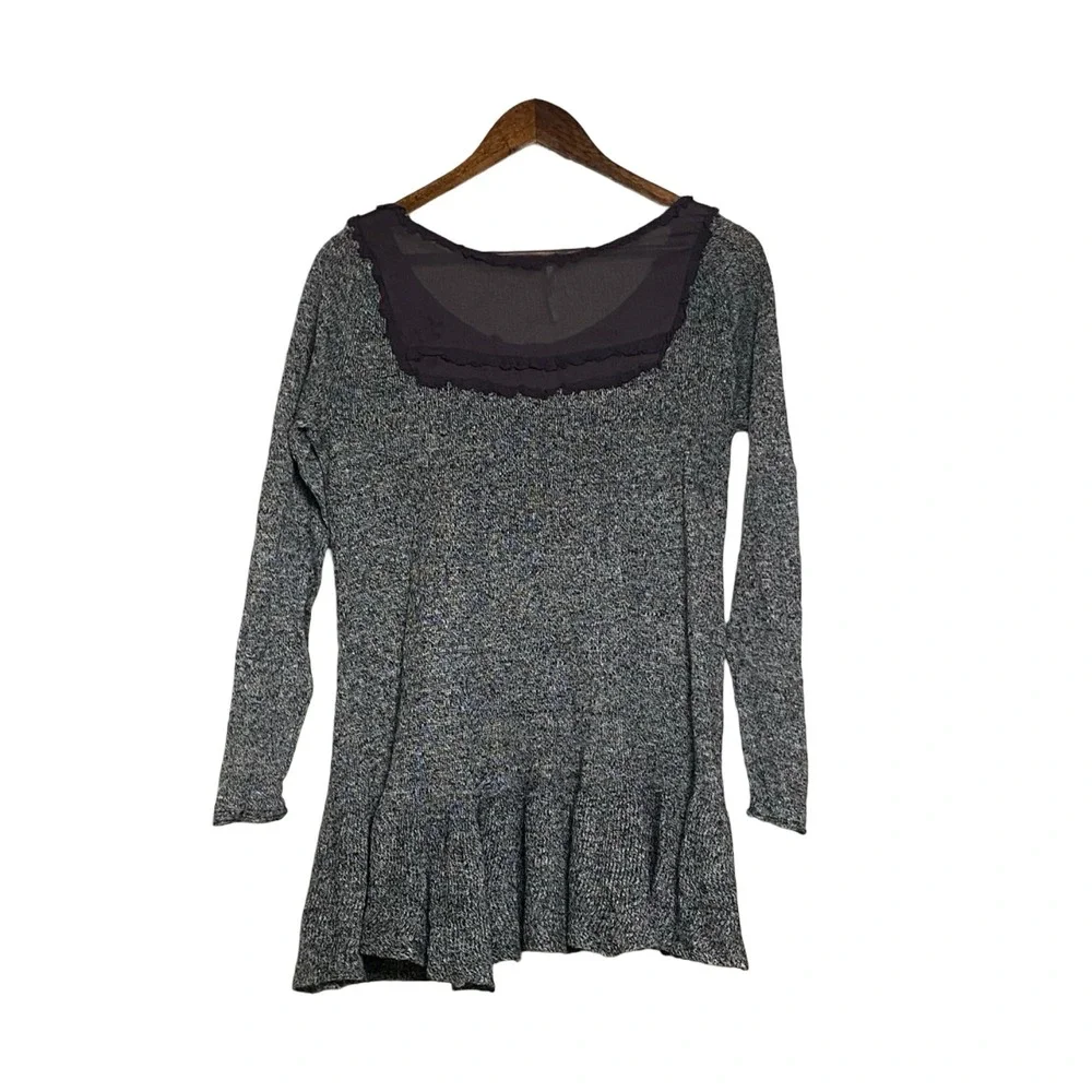 Free People Marled Knit Women Tunic S Grey Linen Ruffle Bib Button Peplum Top